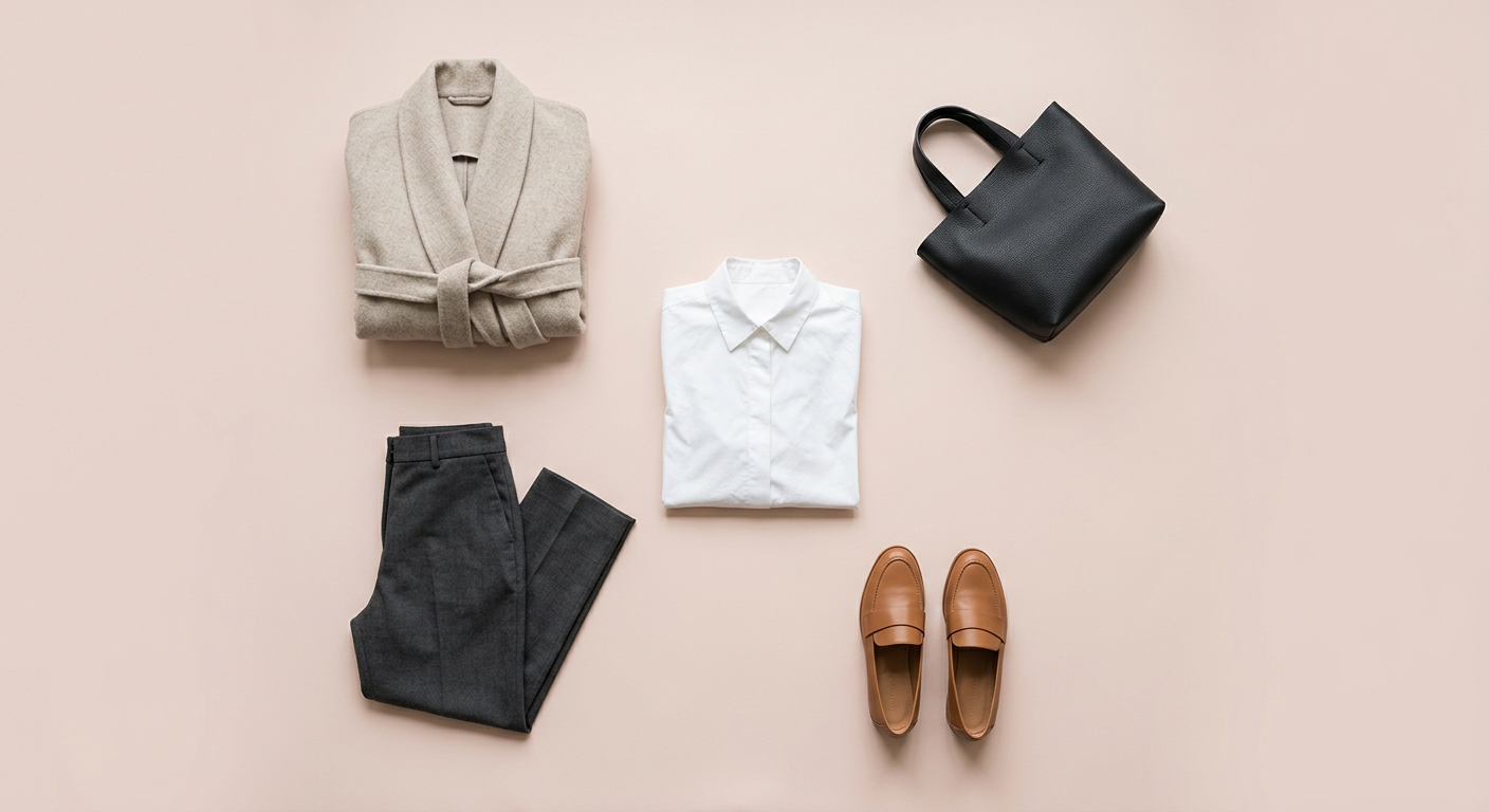 Generated flat lay of a folded oatmeal wrap coat, charcoal trousers, a white shirt, tan loafers and a black tote