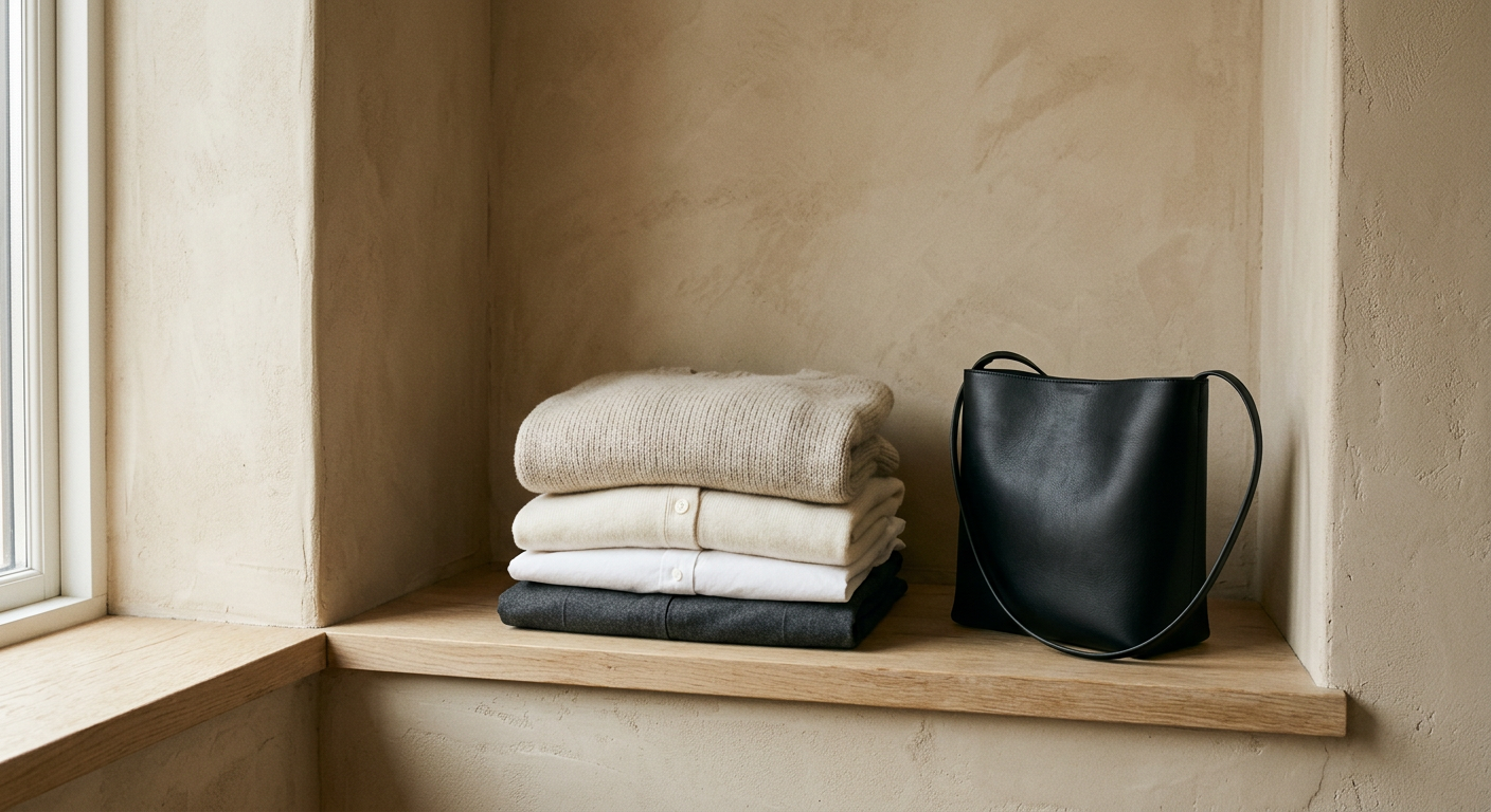 Generated still life of folded neutral knitwear and a black leather bag on a wooden ledge in a plaster niche